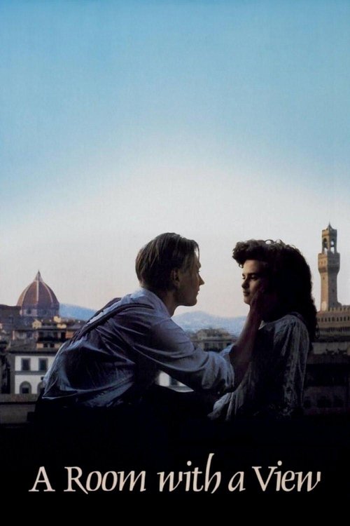 The poster features two people sitting on a rooftop, gazing out at a stunning view of Florence. The warm sunset hues blend with the cool blue sky, creating a serene and contemplative mood. The title, "A Room with a View," is elegantly displayed at the bottom, emphasizing the intimate yet expansiv...