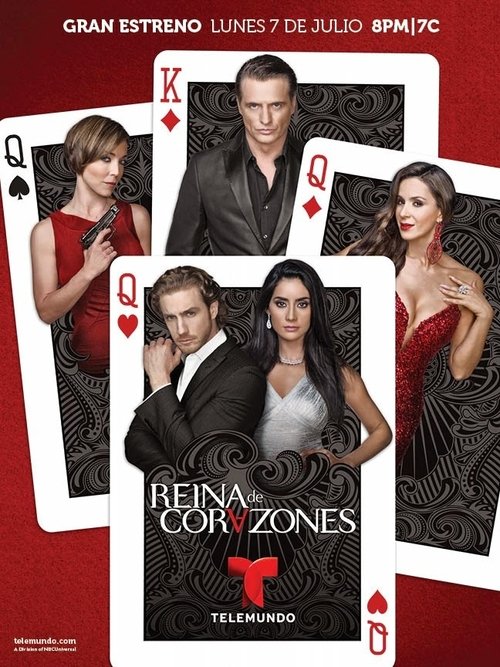 This TV show poster features a dramatic scene with a man and woman in a red dress, set against a black background. The poster includes playing cards, emphasizing the "Queen of Hearts" theme. The overall mood is mysterious and intense, with a sense of drama and intrigue.