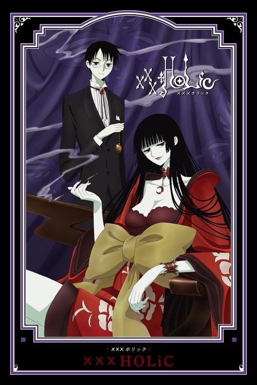 This anime poster features two characters in a dramatic scene. The woman in a red dress and the man in a black suit are positioned against a dark purple background. The poster's design uses bold colors and dramatic lighting to create a mysterious and intense atmosphere.