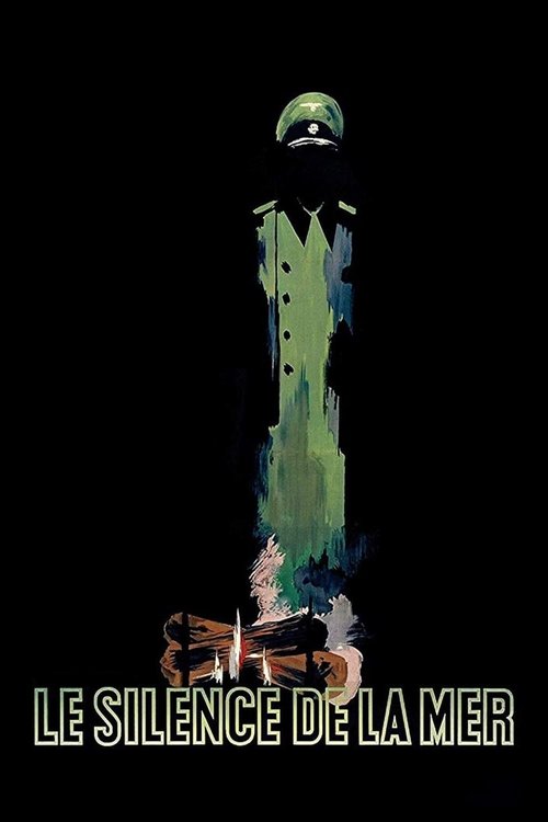 The poster features a silhouette of a man standing on a beach, surrounded by warm orange and yellow hues against a dark background. The title "Le Silence de la mer" is prominently displayed at the bottom in bold white letters. The overall mood is mysterious and atmospheric, evoking a sense of sol...