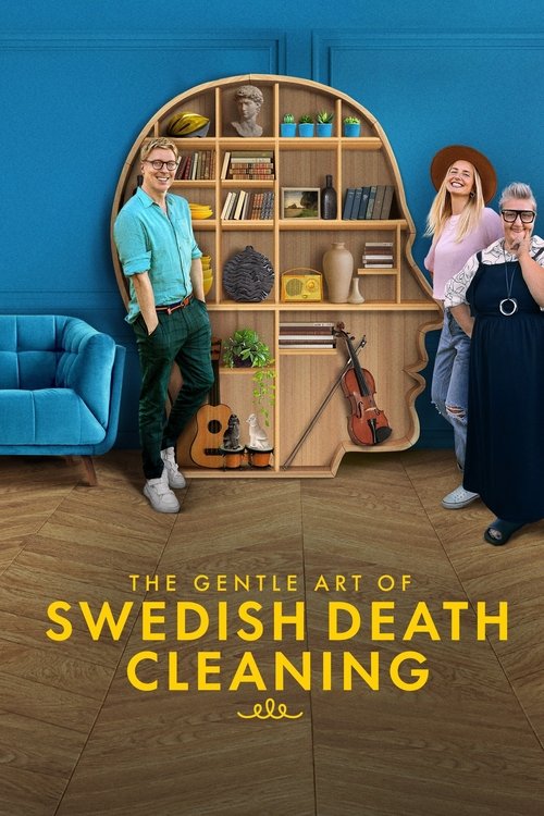 The poster features three characters in a cozy, well-lit room with warm wooden tones and soft blue walls. A man in a light blue shirt stands near a blue armchair, while two women—one in a pink top and another in a dark dress—look on with curiosity. The scene exudes a calm, inviting atmosphere, su...