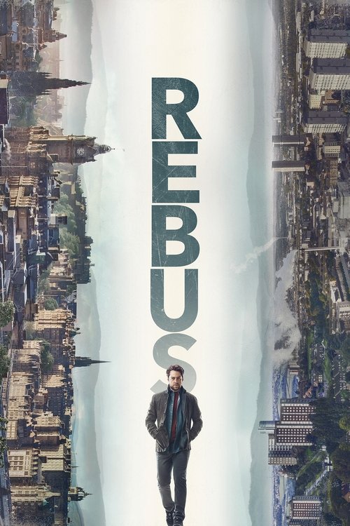 The poster features a man in a suit walking down a cityscape, with the word "REBUS" prominently displayed in bold letters. The muted tones and urban setting evoke a sense of mystery and intrigue, capturing the essence of the show's blend of humor and suspense.
