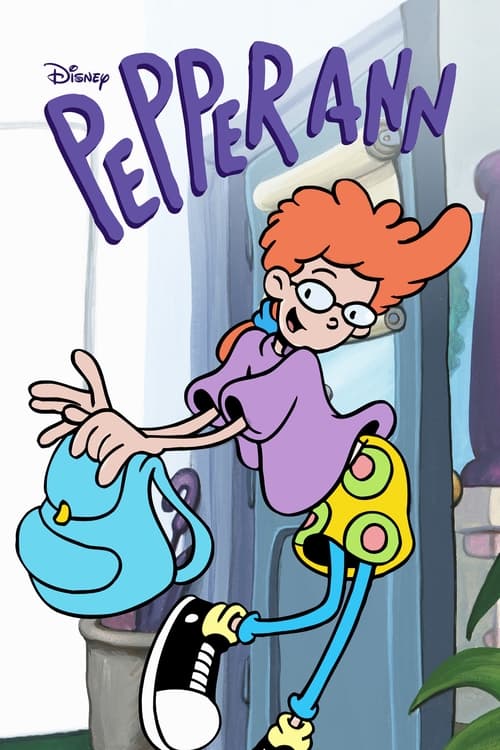 The poster features Peppermint Patty, a vibrant red-haired girl with glasses, holding a blue backpack while walking through a colorful, whimsical street. Her playful expression and dynamic pose convey a lively, energetic mood. The bright colors and cartoonish style evoke a sense of fun and advent...