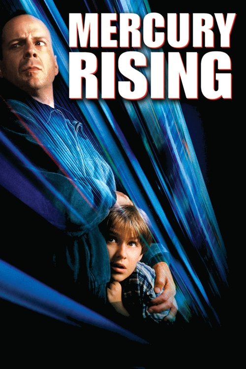 The poster features a man and a young boy against a dark background with blue streaks, conveying a sense of urgency and drama. The bold title "MERCURY RISING" in white letters adds to the intense atmosphere, suggesting a thrilling or action-packed narrative.