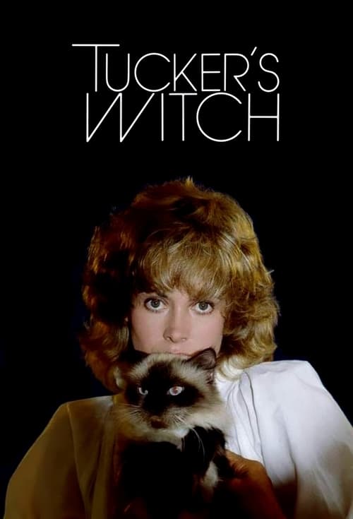 A woman with voluminous blonde hair holds a fluffy brown cat against a stark black background. The title "Tucker's Witch" appears in bold white letters at the top. The mood is mysterious yet cozy, with warm tones contrasting against the dark backdrop.