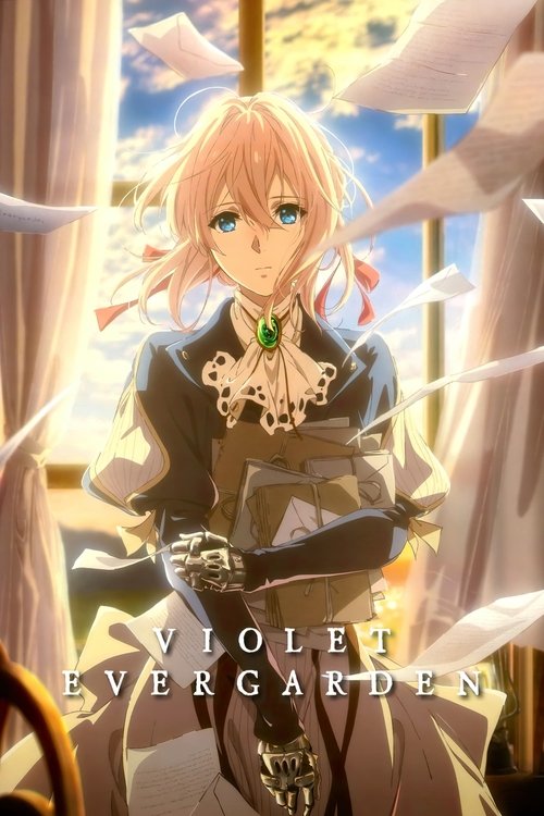 The poster features Violet Evergarden with her signature blonde hair and blue eyes, wearing a dark coat adorned with a gold necklace. She stands in a sunlit room with curtains, exuding a serene and hopeful mood. The title "Violet Evergarden" is elegantly displayed at the bottom.