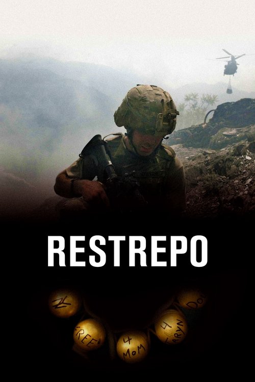 The poster features a soldier in a camouflage uniform, holding a rifle, with a helicopter in the background. The scene is set in a misty, war-torn environment, evoking a somber and tense mood. The title "RESTREPO" is prominently displayed in bold white letters, with glowing orbs below it, suggest...