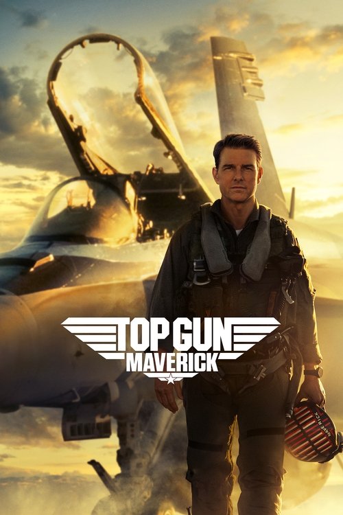 The poster features Maverick in a confident stance, wearing a flight suit and holding a rifle, with his iconic winged logo prominently displayed. The background showcases a sleek fighter jet against a dramatic sunset sky, evoking themes of aviation and freedom. The warm tones of the sunset enhanc...