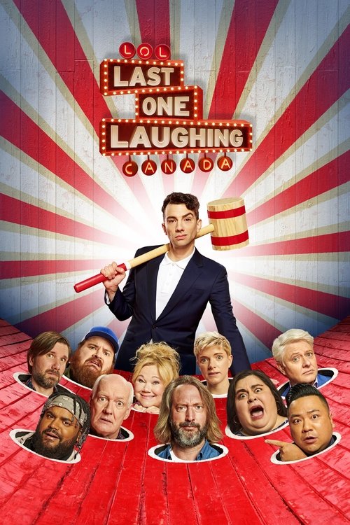 This vibrant poster features a central man holding a gavel, surrounded by a group of laughing faces emerging from a red and white striped background. The bold, comedic colors and dynamic composition evoke a sense of fun and humor, perfectly capturing the show's energetic and lighthearted tone.