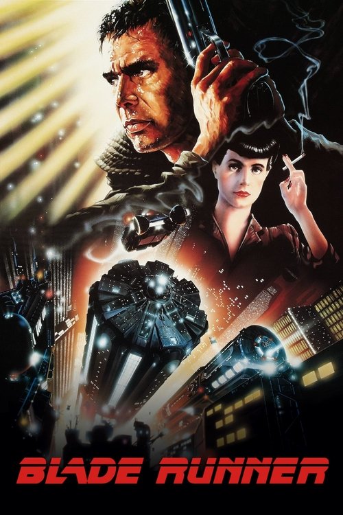 This movie poster for "Blade Runner" features a dramatic scene with two men and a woman in futuristic settings. The color palette is dominated by dark tones with hints of neon and light, creating an intense and mysterious atmosphere. The mood is tense and suspenseful, reflecting the sci-fi genre ...