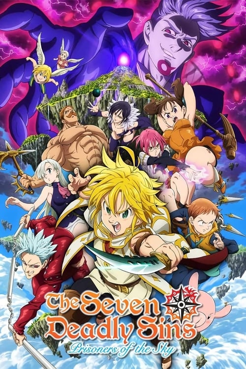 This vibrant poster features a dynamic group of characters from "The Seven Deadly Sins: Prisoners of the Sky," including the main protagonist with his signature blonde hair and a determined expression. The scene is set against a dramatic sky filled with swirling purple and blue hues, creating an ...