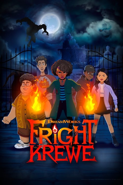 A spooky Halloween night, a group of kids stand in front of a haunted house, surrounded by flickering fire and a full moon. The dark, eerie atmosphere is enhanced by the red title text and the mysterious silhouette of a ghost.