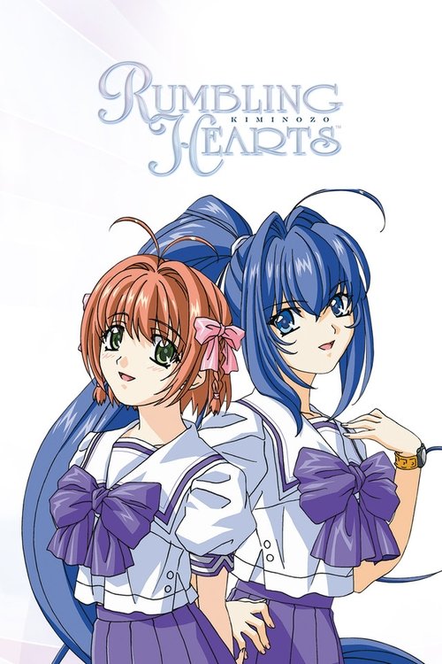 The poster features two anime-style girls in matching school uniforms with purple bows, exuding a playful and youthful mood. Their vibrant blue and orange hair contrasts beautifully against the soft white background, creating a cheerful and inviting atmosphere. The title "Rumbling Hearts" is eleg...