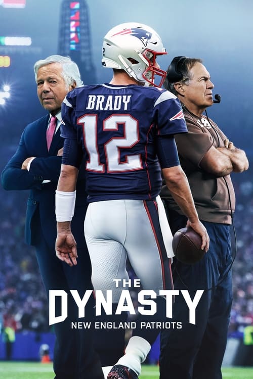 The poster features Brady at center, wearing his iconic blue jersey with white number 12, standing confidently against a blurred stadium backdrop. To his left, a man in a suit observes him, while to his right, another man in casual attire watches intently. The image conveys a sense of camaraderie...