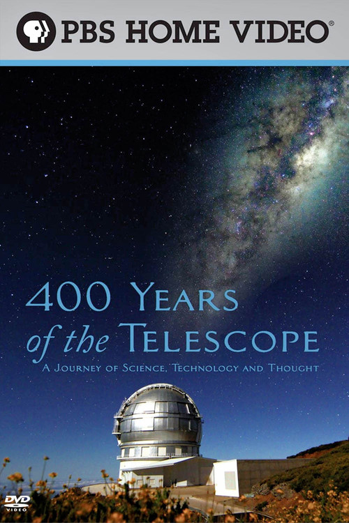 The poster features a starry night sky with the Milky Way arching across the frame, evoking a sense of wonder and exploration. A telescope stands prominently in the foreground, symbolizing scientific discovery and human curiosity. The warm tones of the telescope contrast with the cool blues of th...