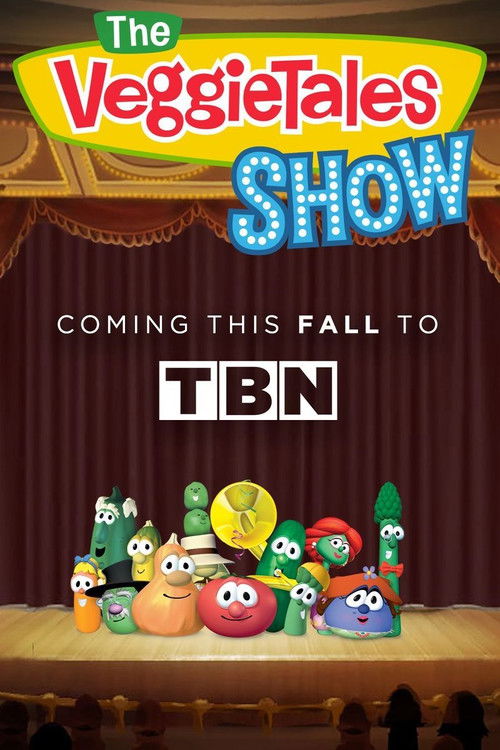 The poster features a vibrant stage scene with colorful characters like Bob, Mr. Potato Head, and Mr. Potato Head in a cheerful, inviting atmosphere. The warm lighting and playful design evoke a sense of fun and nostalgia, perfectly capturing the whimsical spirit of "The VeggieTales Show."