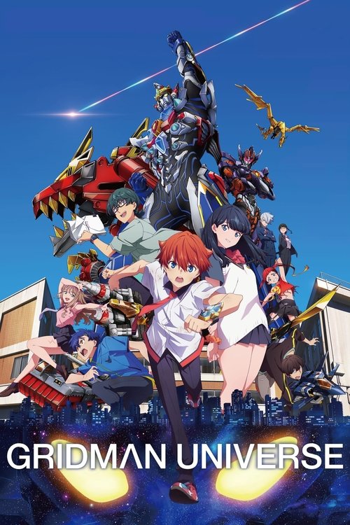 This vibrant poster showcases a dynamic scene with characters in action poses against a bright blue sky. The composition features colorful figures, including a prominent red-haired character in the foreground, surrounded by other characters in various outfits. The overall mood is energetic and ad...