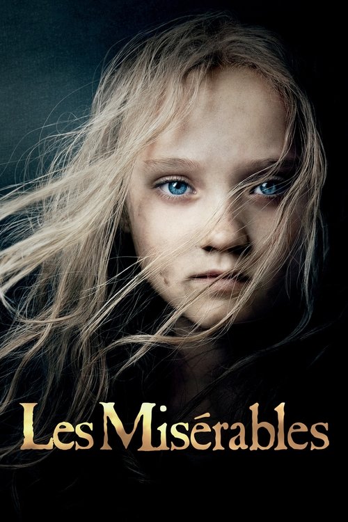 A haunting portrait of a young girl with pale skin and piercing blue eyes, her golden hair flowing dramatically against a dark, moody background. The title "Les Misérables" glows in gold lettering at the bottom, evoking a sense of tragedy and mystery.