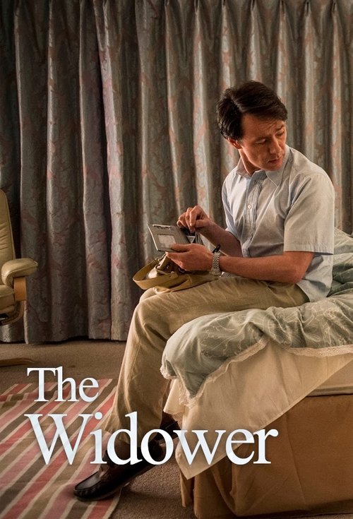 The poster features a man in a white shirt and khaki pants sitting on a bed, engrossed in reading a newspaper. The muted tones of the room, including the gray curtains and beige bedding, create a somber atmosphere. The title "The Widower" is prominently displayed in white text at the bottom, emph...