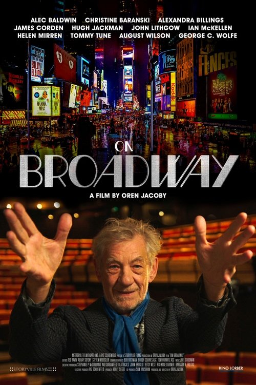 The poster features a man in a suit with raised hands against a vibrant New York City skyline at night. The warm glow of city lights contrasts with the cool tones of the man's face, creating an energetic and lively atmosphere.