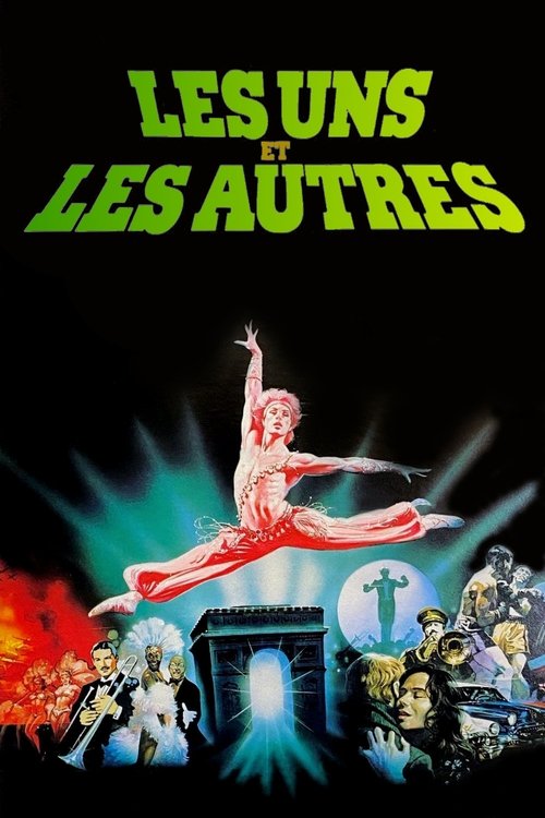 The poster features a dramatic, ballet-dancing figure in red against a dark background. Below, a group of diverse characters in colorful costumes surround a central figure in a glowing blue light. The overall mood is intense and theatrical, with vibrant colors like red, blue, and green creating a...