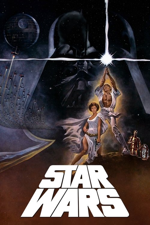A dramatic poster featuring Darth Vader looming over a group of Jedi, with a bright white light emanating from his helmet. The scene is set against a dark, starry background, emphasizing the epic scale of the Star Wars universe.