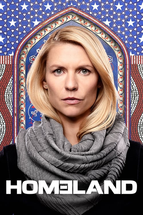 The poster features a woman with blonde hair and a gray scarf, set against a vibrant blue background adorned with white stars and a decorative arched doorway. The title "HOMELAND" is prominently displayed at the bottom, suggesting themes of family and home. The overall mood is serious yet hopeful...