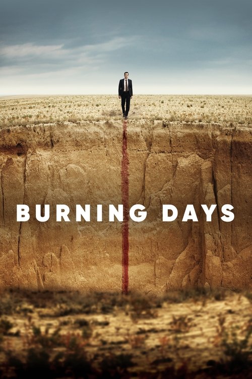 The poster features a lone figure standing at the center of a vast, barren landscape, with a red line extending from their feet to the ground. The muted earthy tones and overcast sky evoke a somber mood, while the bold white text "BURNING DAYS" anchors the image with a sense of urgency and drama.
