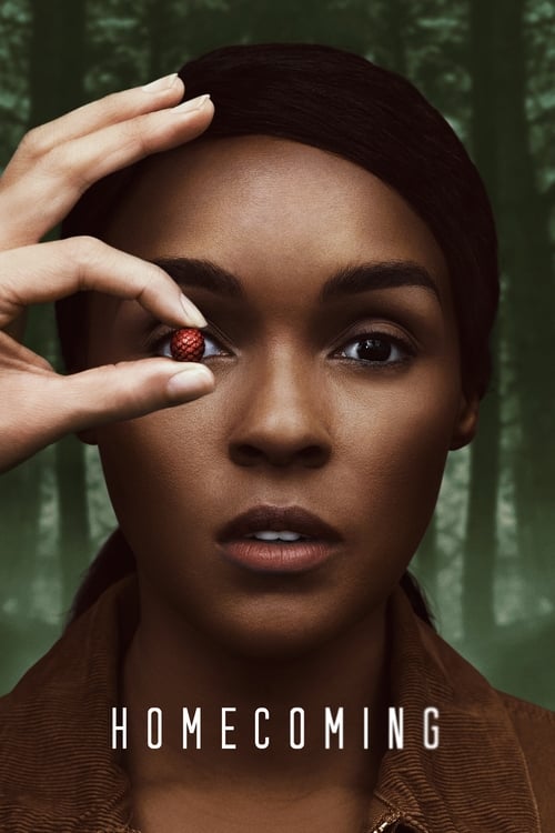 The poster features a woman with dark skin and brown hair, her hand gently touching her forehead as she gazes forward. The background is a soft, green forest, creating a serene and mysterious atmosphere. The title "HOMECOMING" is prominently displayed in white text at the bottom, suggesting theme...