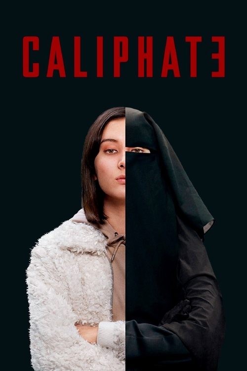 The poster features a woman in a white fur coat against a dark background, with a black veil covering her face. The title "CALIPHATE" appears in bold red letters at the top. The mood is mysterious and dramatic, hinting at themes of power and identity.