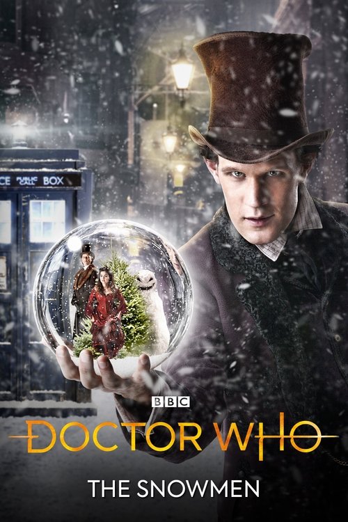 The poster features a man in a top hat holding a crystal ball containing a mysterious figure in red and green. The scene is set in a snowy, foggy environment with a blue police box in the background. The colors are cool and wintry, creating a mysterious and eerie mood.