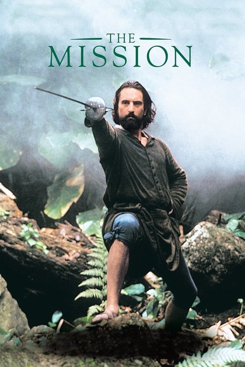 The poster features a rugged man in period attire, holding a sword aloft against a misty, ancient forest backdrop. The muted greens and browns evoke a sense of mystery and adventure, while the film's title, "The Mission," hints at an epic quest.