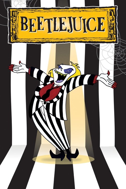 A clown in a black-and-white striped suit stands with arms outstretched against a backdrop of black-and-white stripes, surrounded by a spiderweb. The poster features a yellow sign reading "BEETLEJUICE" at the top, evoking a spooky yet whimsical atmosphere.