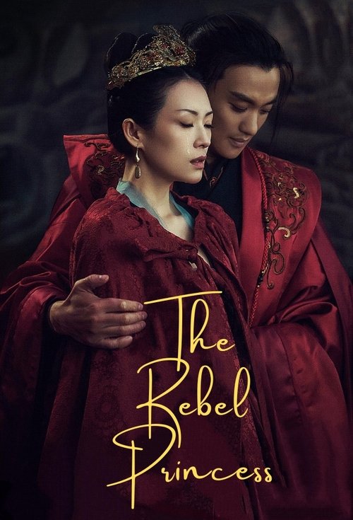 The poster features a dramatic scene with a woman in a regal red gown and a man in a matching red robe, their expressions conveying a mix of romance and tension. The rich red color dominates the image, creating a sense of drama and intensity. The title "The Rebel Princess" is elegantly written in...