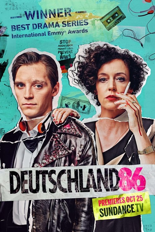 The poster features a dramatic scene with two actors, one in a leather jacket and the other in a black dress, set against a vibrant teal background. The bold "DEUTSCHLAND 86" title dominates the foreground, while a "WINNER" badge and "International Emmy Awards" text add prestige. The overall mood...