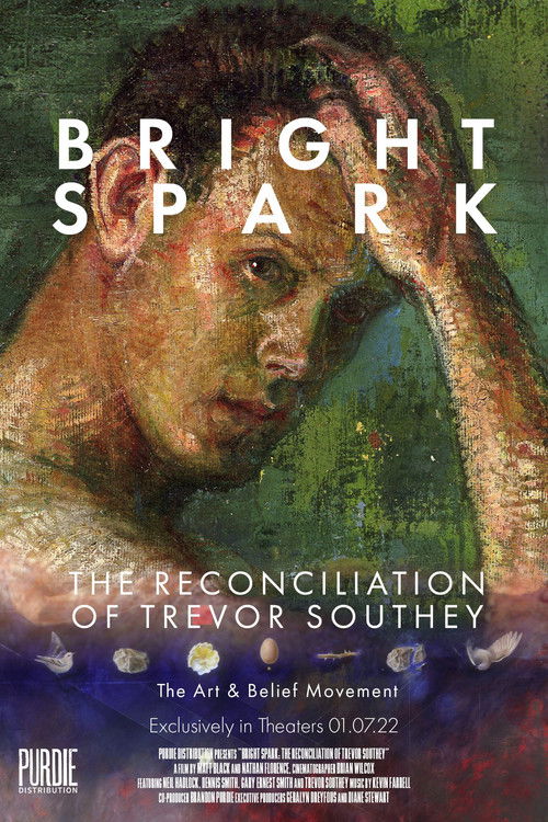 The poster features a somber, painterly portrait of Trevor Southey, his hand resting on his head, conveying deep emotional turmoil. The muted greens and browns evoke a melancholic atmosphere, while the bold white text "BRIGHT SPARK" stands out against the darker tones. This visual language sugges...