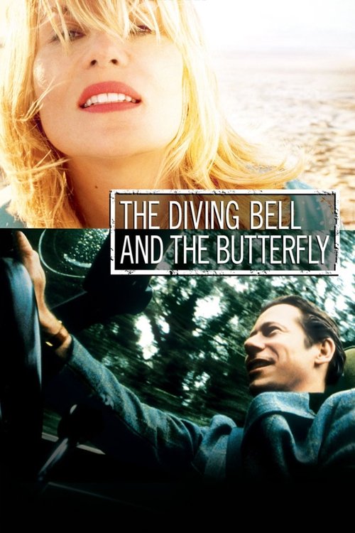 The poster features a split image: a woman with blonde hair and red lipstick in the upper half, and a man in a dark suit looking upward in the lower half. The title "The Diving Bell and the Butterfly" is centered in bold white text against a dark background. The colors are warm and moody, evoking...