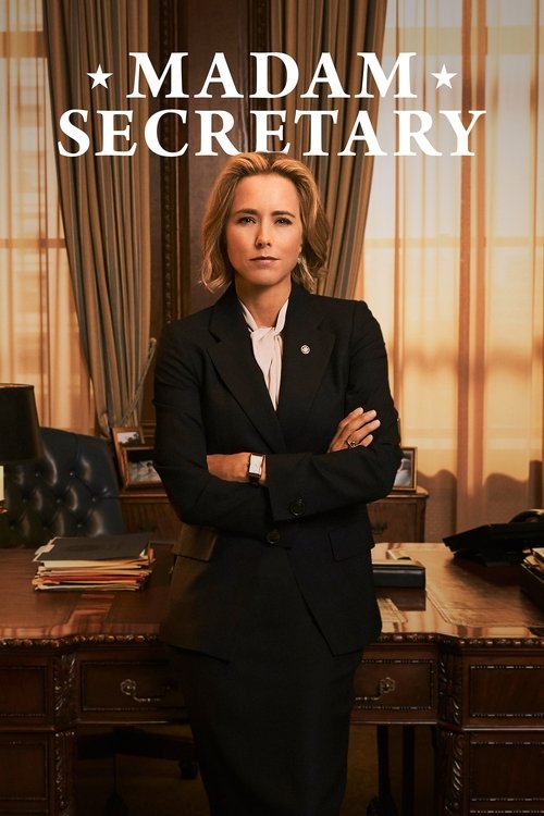 The poster features a confident woman in a sharp black suit, standing confidently with arms crossed in an office setting. Warm lighting and rich wood tones create a professional yet elegant atmosphere. The bold title "Madam Secretary" commands attention, suggesting authority and intrigue.