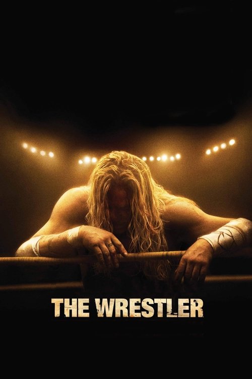 The poster features a muscular wrestler with long blonde hair, leaning forward with intense focus. Warm, golden lighting casts dramatic shadows, creating a gritty and intense atmosphere. The title "The Wrestler" is prominently displayed at the bottom in bold, metallic letters.