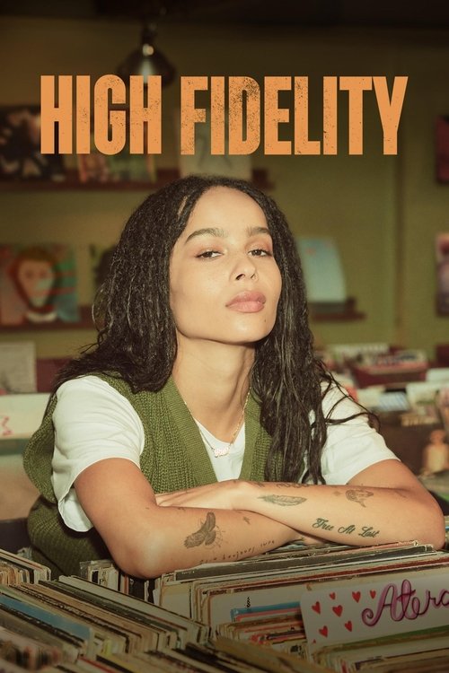 The poster features a woman with dark curly hair resting her chin on her arms, exuding a contemplative mood. Warm, earthy tones dominate the image, with soft lighting enhancing the cozy atmosphere. The title "High Fidelity" is prominently displayed in bold orange letters at the top.