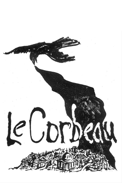 The poster features a dramatic silhouette of a crow against a dark, moody sky. Below the bird, a quaint village with charming houses and trees is depicted in warm tones, contrasting with the ominous black-and-white imagery above. The overall mood is mysterious and slightly eerie, evoking a sense ...