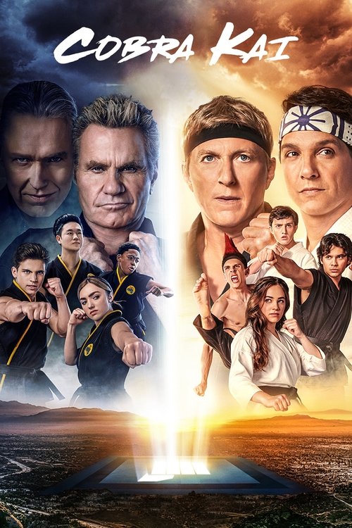 This vibrant poster showcases a dynamic cast of characters from "Cobra Kai," with intense expressions and energetic poses against a dramatic sunset backdrop. The fiery colors and dramatic lighting evoke a sense of action and intensity, capturing the essence of the show's thrilling sports competit...