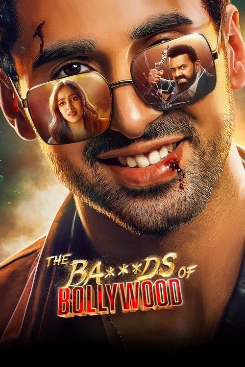 The poster features a smiling man with a sinister grin, wearing sunglasses that reflect his own face and another person's. The background is dark with hints of red and orange, creating a mysterious and intense atmosphere. The title "The Ba***ds of Bollywood" is prominently displayed in bold, meta...