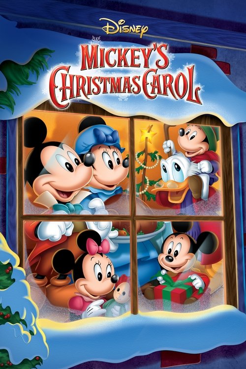This Disney Christmas Carol poster features Mickey, Minnie, and Goofy in a cozy window scene, with snowflakes falling outside. The warm colors of their outfits and the festive blue window frame evoke a cheerful, magical holiday mood.