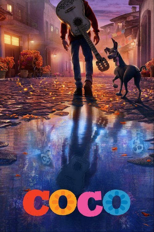 This movie poster features a lone figure playing an acoustic guitar on a rainy street, with a dog following closely behind. The warm orange and blue hues create a dreamy, nostalgic atmosphere, evoking a sense of childhood innocence and musical wonder.