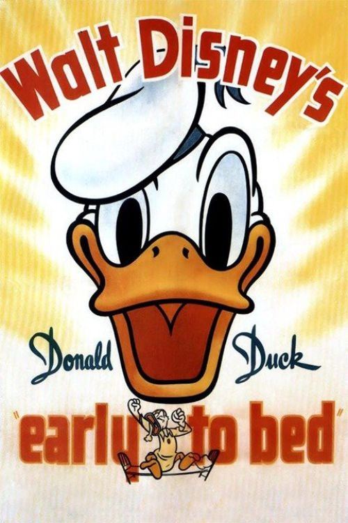 This movie poster features Donald Duck in a cheerful morning scene, with his bright yellow face and white sailor hat. The background is a warm yellow with a sunburst effect, creating a lively and inviting mood. The title "Early to Bed" is prominently displayed in bold red letters, emphasizing the...