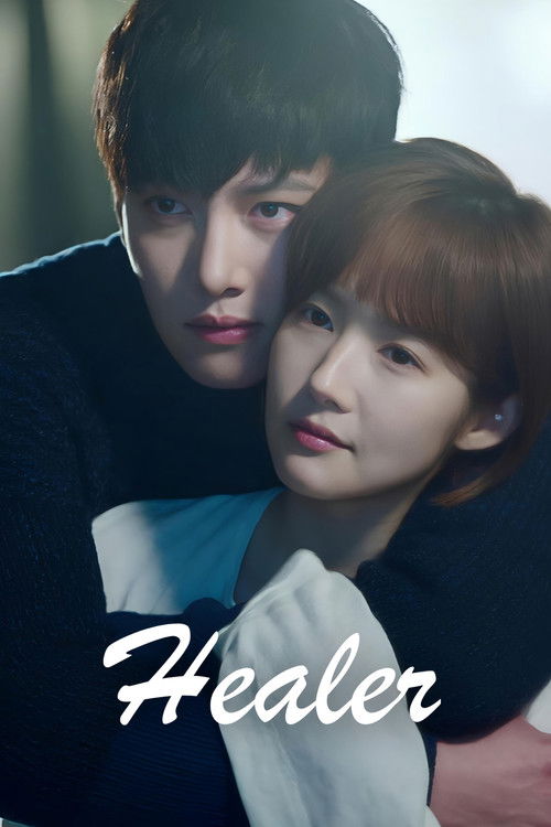 The poster features two characters in a tender embrace, with soft lighting and warm tones creating an intimate and hopeful atmosphere. The title "Healer" is elegantly written in white script, emphasizing the character's role as a healer.