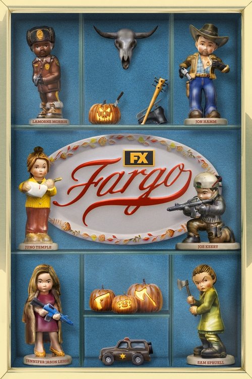 This TV show poster features a grid of colorful figurines from the show "Fargo," each with a distinct character and costume. The blue background with orange accents creates a spooky yet vibrant atmosphere. The central "FX" logo adds a modern touch, while the Halloween-themed decorations enhance t...