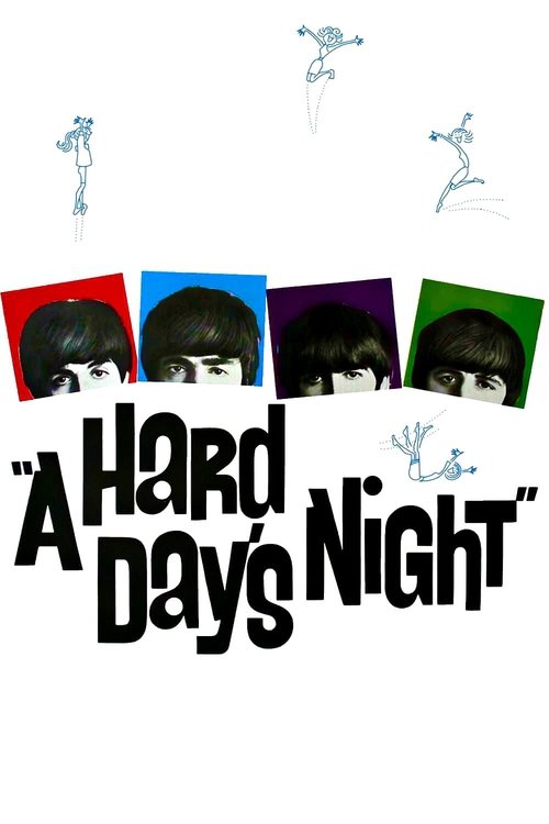 The poster features four stylized figures with dark hair peeking from colorful squares, creating a mysterious and intriguing atmosphere. The bold, black text "A Hard Day's Night" dominates the bottom, suggesting a thrilling and suspenseful narrative.