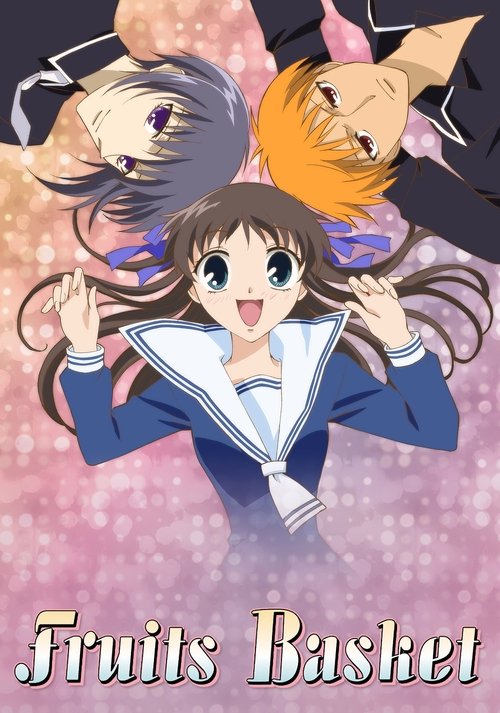 This anime poster features three characters in a vibrant, dreamy setting with a soft pink and purple background. The central girl in a blue school uniform smiles cheerfully, while two others— a girl with purple hair and a cat-like figure—look on with curiosity. The overall mood is whimsical and m...